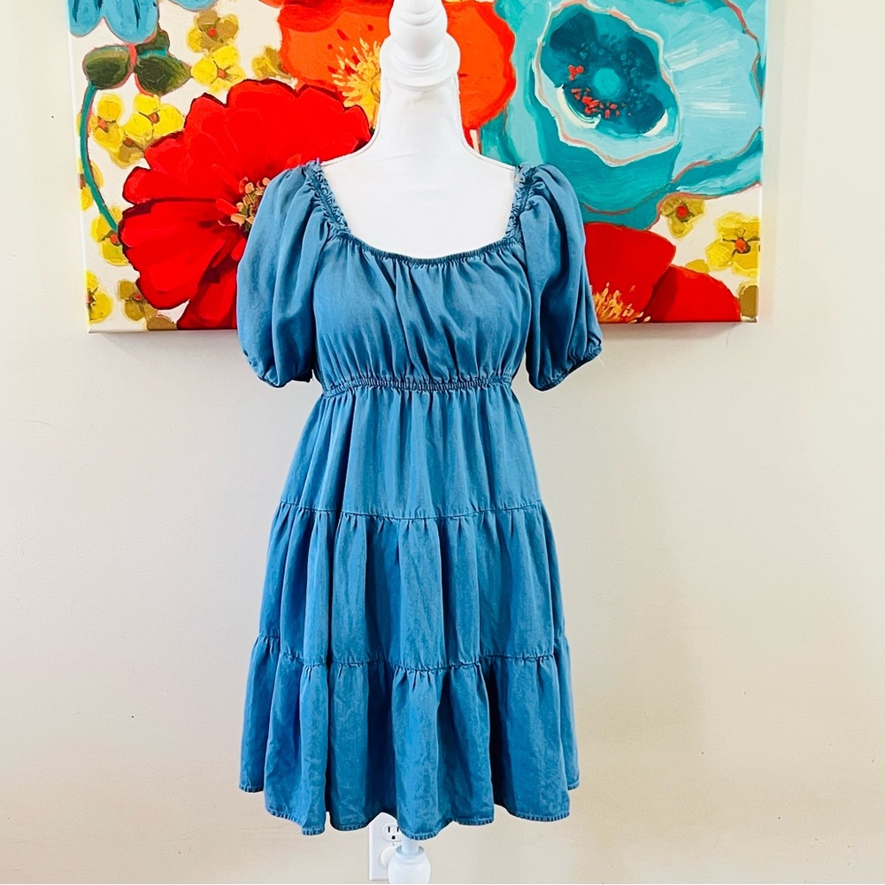 Blue Puff-Sleeve Tiered Mini Dress - Women
